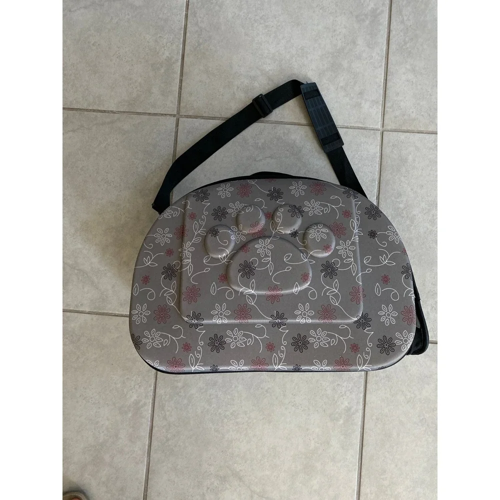 Gray Floral Paw Print Soft Sided Pet Carrier Small Dog Cat Travel Bag Mesh Vent